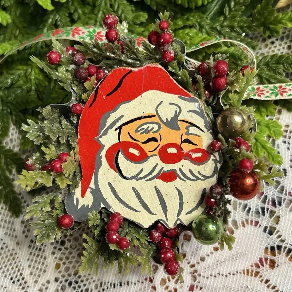 Vintage Round Tart Tin Santa Claus Mercury Glass Diorama Mid Century Ornament